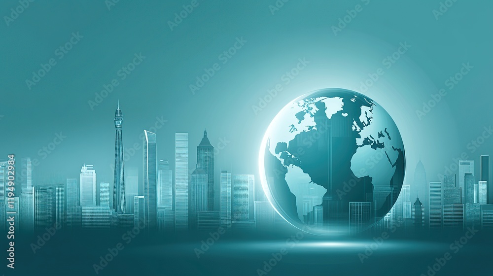 Global city skyline with illuminated Earth. Global city skyline with illuminated Earth.