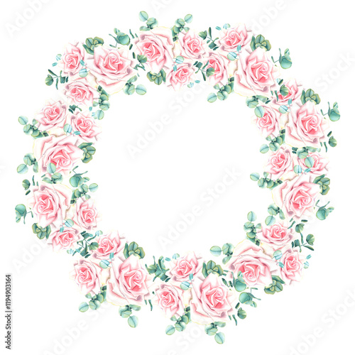 Watercolor floral wreath with pastel pink rose flowers and green eucalyptus leaves. Hand drawn botanical illustration on isolated background. Circle frame for greeting cards or wedding invitations.