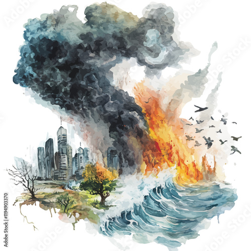 A watercolor vector of extreme weather events, isolated on a white background. Extreme weather events vector.
