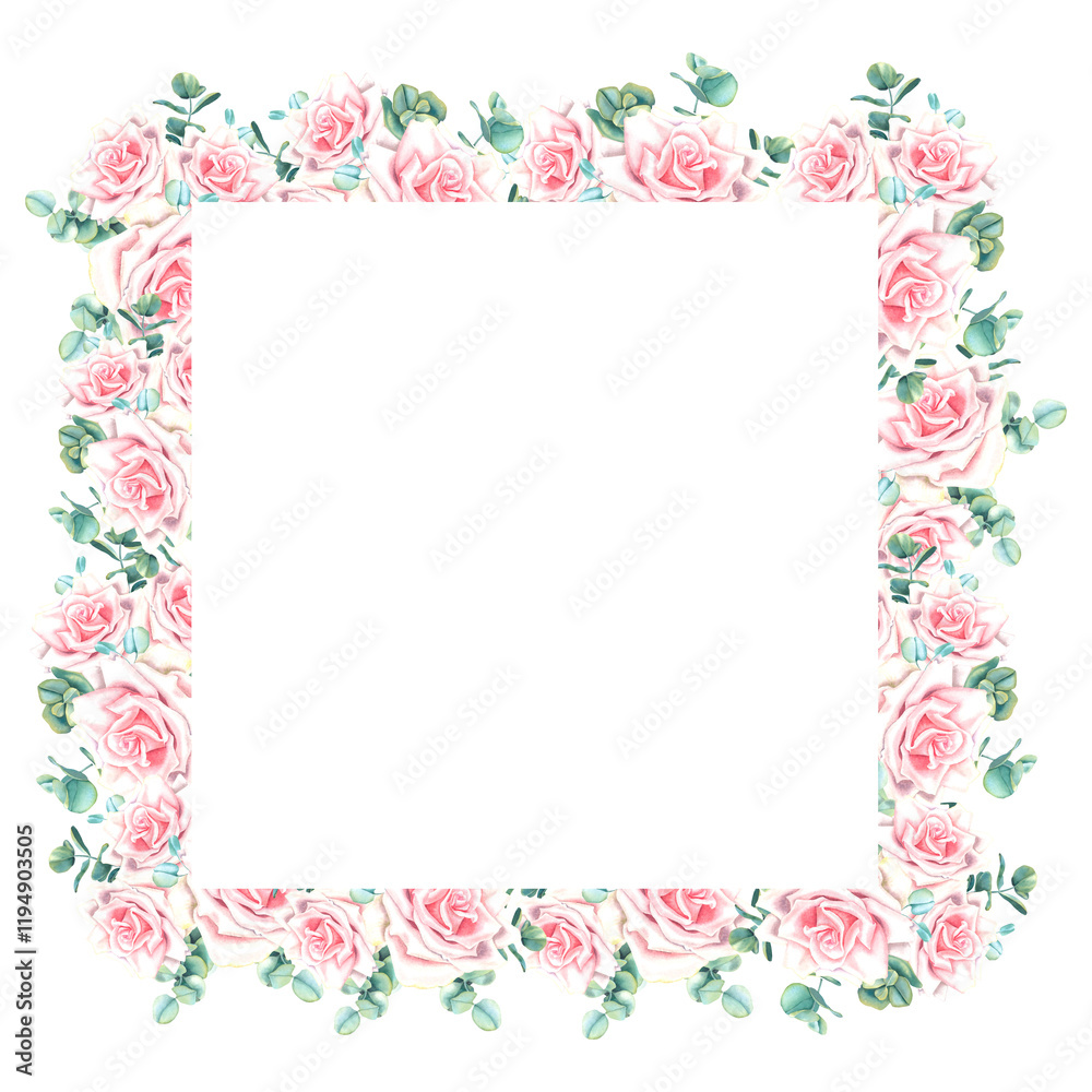 Square floral frame with pastel pink rose flowers and green eucalyptus leaves. Hand drawn watercolor botanical illustration on isolated background. Perfect for greeting cards or wedding invitations. Square floral frame with pastel pink rose flowers and green eucalyptus leaves. Hand drawn watercolor botanical illustration on isolated background. Perfect for greeting cards or wedding invitations.