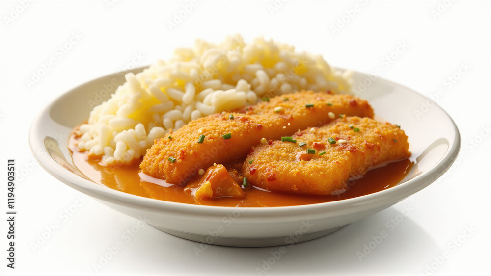 Crispy fish fillets served with fluffy rice and savory sauce for a delicious meal Crispy fish fillets served with fluffy rice and savory sauce for a delicious meal