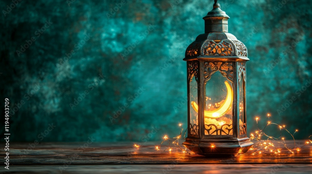 Illuminated Lantern With Crescent Moon Symbol Decorates Dark Wooden Table Illuminated Lantern With Crescent Moon Symbol Decorates Dark Wooden Table