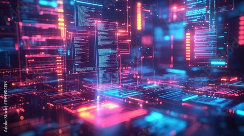 Wallpaper Mural Futuristic Digital Interface with Neon Lights for Online Document Approval Concept in Artificial Intelligence Environment Torontodigital.ca