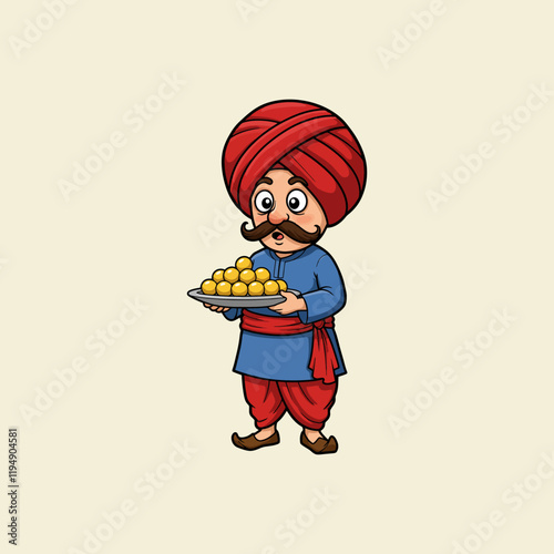 A cartoon illustration depicts an Indian man in traditional attire presenting a plate of golden-colored sweet balls.