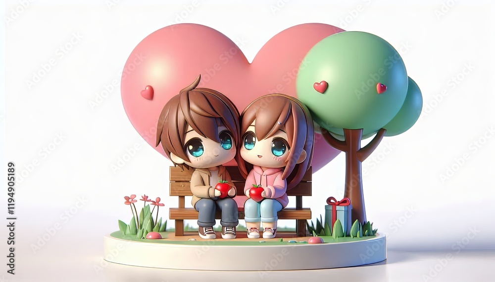 Obraz premium smooth d render with rounded edges raytracing of kawaii chibi anime couple Sitting under a heart shaped tree,