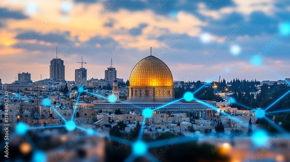 Fototapeta premium Dome of the Rock Networked Jerusalem s Holy Site in a Digital Age Connecting Faith and Technology