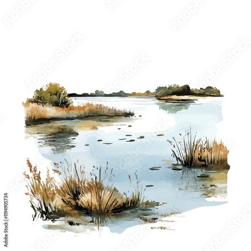 A watercolor drawing of estuaries, isolated on a white background. Estuaries vector.
