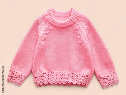 Lace-trimmed pink sweater isolated on a light-colored background