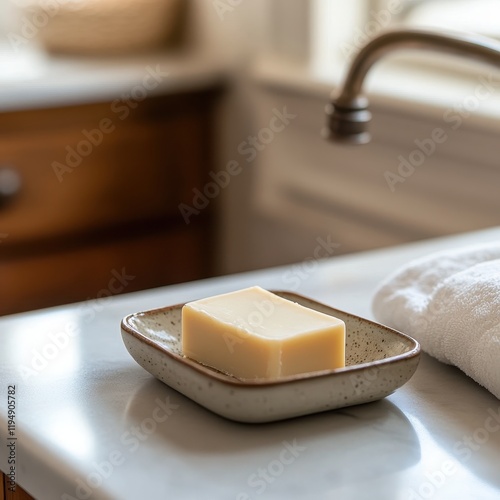 Handmade Soap Ceramic Dish in Modern Kitchen Still Life Natural Light Minimalist Design