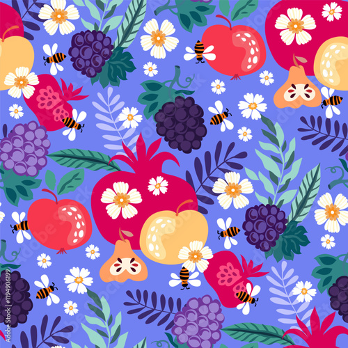 Seamless background  with various tropical fruits, bee, flowers  Modern botanical print for kitchen textile, wrapping paper, fabric,  banner, poster Chana Tova Rosh Hashanah  ector illustration.