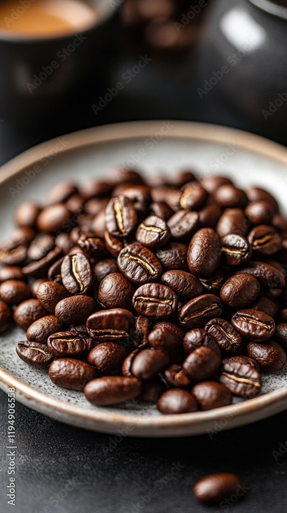 Fototapeta premium Plate of dark roasted coffee beans.