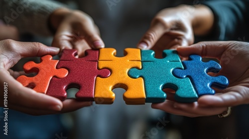 Teamwork Hands connecting colorful puzzle pieces, office background
