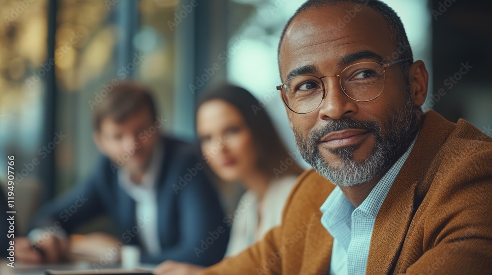 Confident Leader: A thoughtful middle-aged businessman with glasses, wearing a brown jacket, sits confidently at a meeting, his gaze directed thoughtfully beyond the camera.