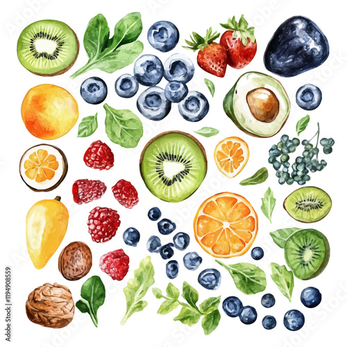 A watercolor drawing of energy-boosting foods, isolated on a white background. Energy-boosting foods vector.
