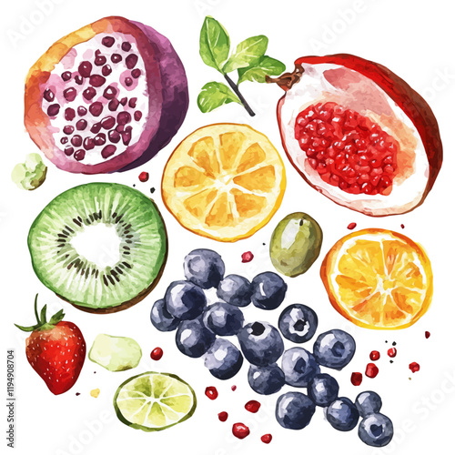 A watercolor drawing of energy-boosting foods, isolated on a white background. Energy-boosting foods vector.
