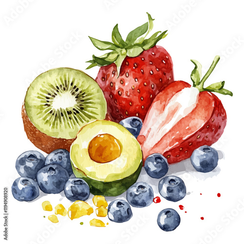 A watercolor drawing of energy-boosting foods, isolated on a white background. Energy-boosting foods vector.
