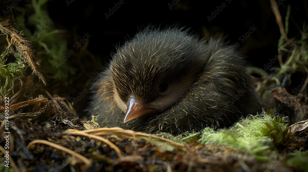 Fototapeta premium Photo - Baby Bird Nestling Wildlife Nature Chick Ornithology Feathers Beak Brown Forest Green Moss