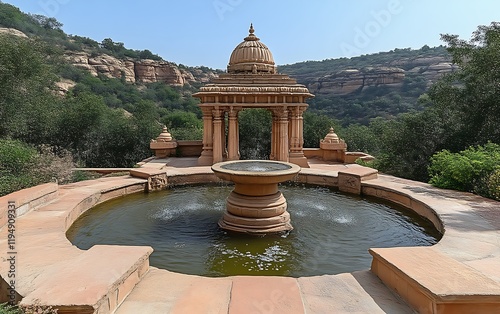 Stone pavilion with fountain in a garden overlooking hills. photo