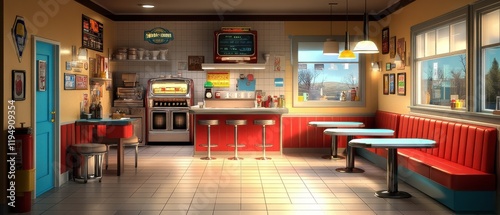 Wallpaper Mural [Vibrant dining room interior design] Cozy Casual Restaurant Booth Seating Area Interior Design with Red Blue Chairs Inviting Dining Space. Torontodigital.ca