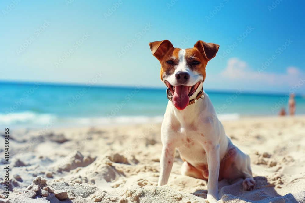 Happy dog enjoying a sunny beach day. Generative AI image