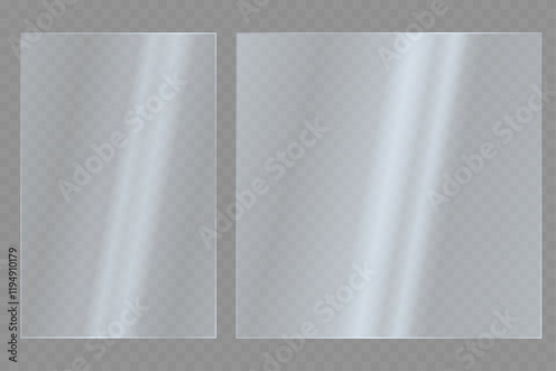 Realistic reflection on a transparent glass with sunlight glare. The texture of rectangle glass with blue tint.	
