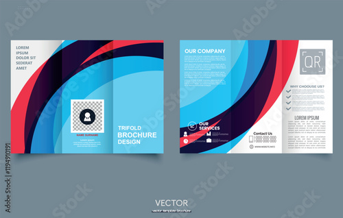 Elegant red and blue wave business trifold brochure template design photo