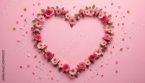 Wallpaper Mural Charming floral heart arrangement made with pink flowers and leaves on a soft pink background Torontodigital.ca