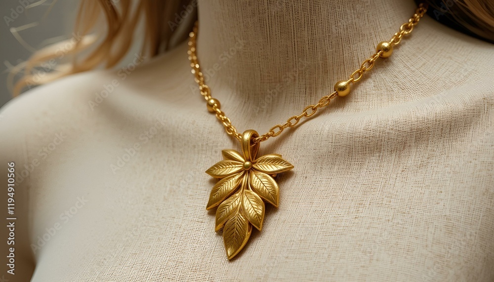 Fototapeta premium Elegant gold leaf pendant necklace displayed on a mannequin against a soft neutral background 