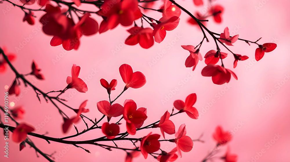 Naklejka premium Heart-Shaped Petal Flowers on Branch – Pink Romantic Aesthetic Romantic Red Heart-Shaped Flowers on a Soft Pink Background – Perfect for Valentine's Day Minimalist Floral Art with Red Heart Blooms 