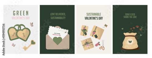 Set of Sustainable Green Valentine's Day Eco-Friendly Illustrations Set. illustrations promoting eco-conscious Valentine's Day celebrations. Love and valentine concept. Flat style. Vector illustration