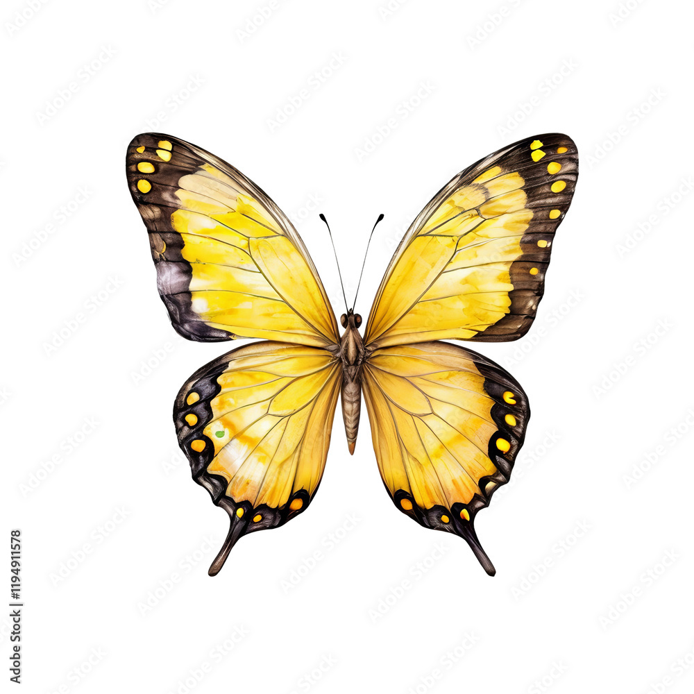 Fototapeta premium Golden Butterfly: A vibrant yellow butterfly with delicate black markings on its wings, showcasing intricate details in a watercolor-like style.