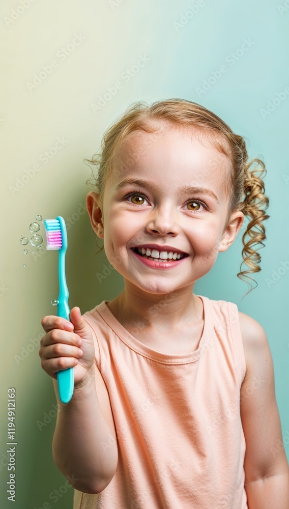 Portrait of laughing happy cheerful infant girl kid with curly blonde hair holding toothbrush, taking care of dental hygiene Portrait of laughing happy cheerful infant girl kid with curly blonde hair holding toothbrush, taking care of dental hygiene