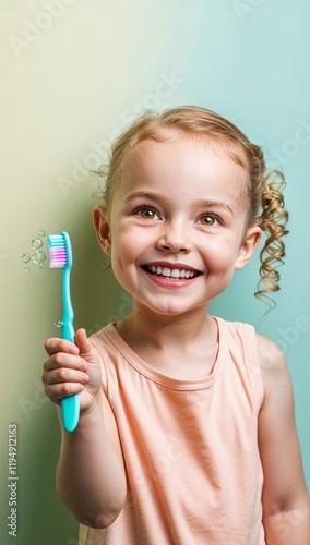 Portrait of laughing happy cheerful infant girl kid with curly blonde hair holding toothbrush, taking care of dental hygiene