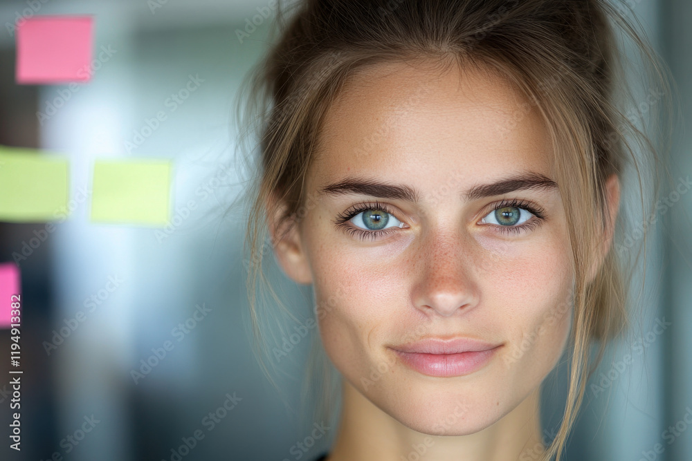 Naklejka premium A woman with a pink and yellow sticky note on her forehead