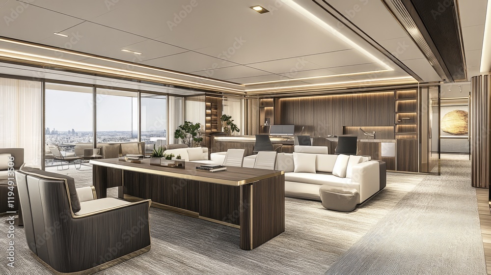 Fototapeta premium A high-end office featuring a standing desk and a tidy, minimalistic workspace, ready for corporate presentations or creative content.