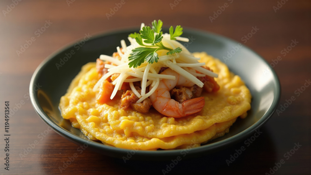 Delicious shrimp dish served on a golden cornbread base with fresh toppings in a stylish restaurant setting Delicious shrimp dish served on a golden cornbread base with fresh toppings in a stylish restaurant setting