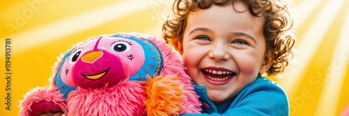 Smiling child hugging a colorful plush toy against a sunny yellow background. Ideal for toy stores, online kids' shopping, and playful childhood themes