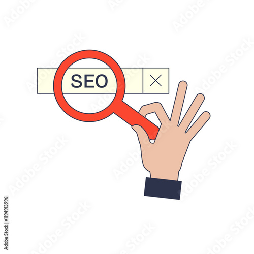A hand holds a magnifying glass over a search bar with 'SEO', symbolizing search optimization.