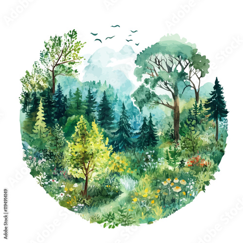 A watercolor vector of ecosystems, isolated on a white background. Ecosystems vector.
