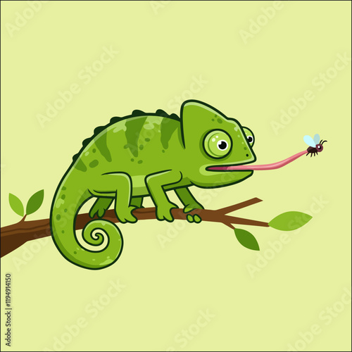 A cartoon green chameleon sits on a branch catching a fly with its long sticky tongue.