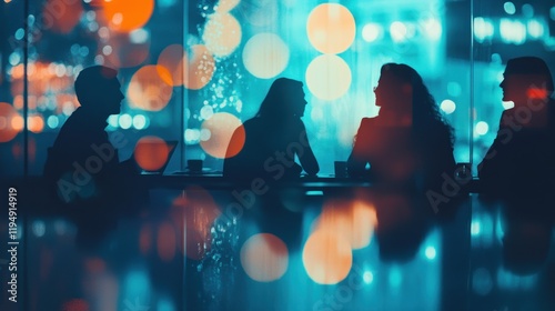 Silhouettes of Team Collaboration with City Lights Background