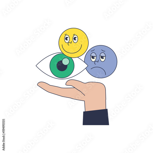 A hand holds a smiling face, sad face, and an eye, symbolizing emotional perception.