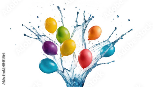 A handful of water balloons being tossed into the air, with one bursting and splashing water out, creating a dynamic movement, on a transparent background PNG