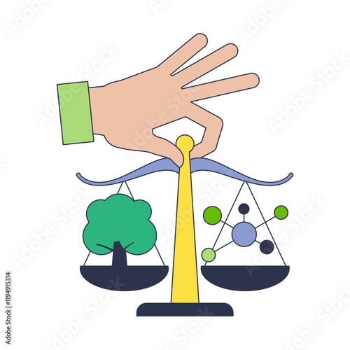 A hand holds a balanced scale with a tree and carbon molecules, symbolizing environmental balance.