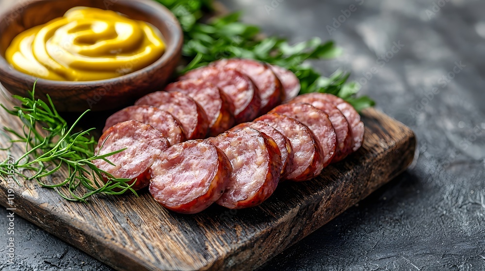 Rustic Wooden Board with Sliced Smoked Sausages and Mustard - Hearty Snack Styling Rustic Wooden Board with Sliced Smoked Sausages and Mustard - Hearty Snack Styling