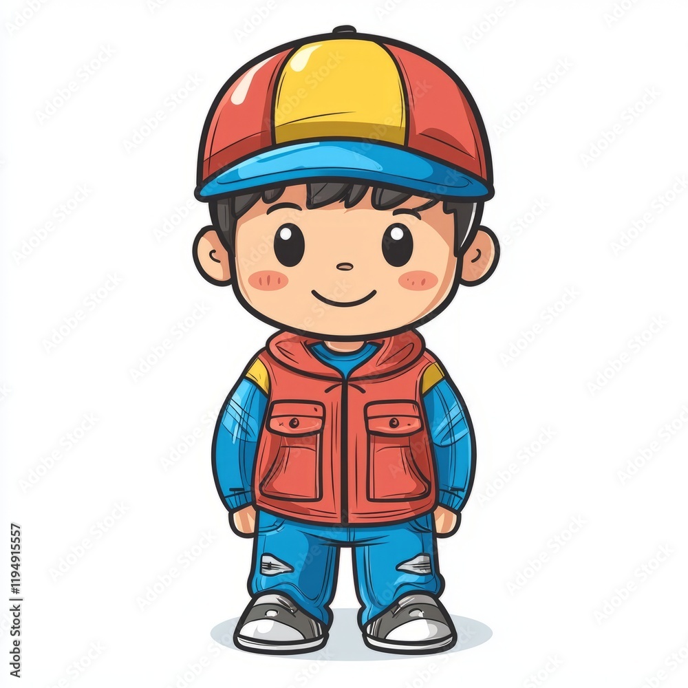 Adorable Cartoon Boy Wearing Red Vest and Cap Adorable Cartoon Boy Wearing Red Vest and Cap