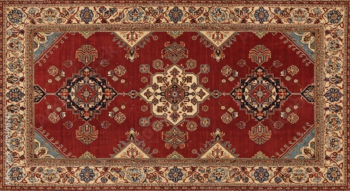 Old Persian carpet with pattern. top view. Old Red Persian Carpet Texture, abstract ornament