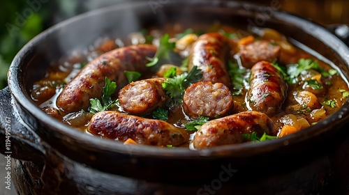Steaming Sausage Stew in Rustic Pot - Hearty Winter Meal