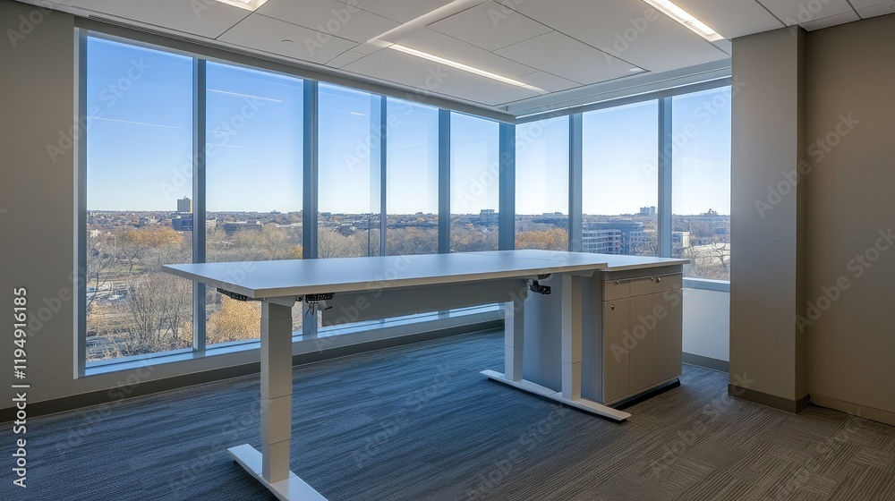 Fototapeta premium A professional office featuring a standing desk, minimalist decor, and plenty of room for text and creative design.