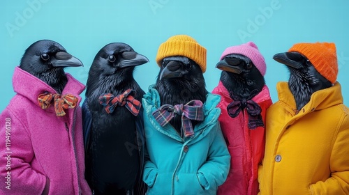 Five fashionable crows in colorful clothes on the blue background